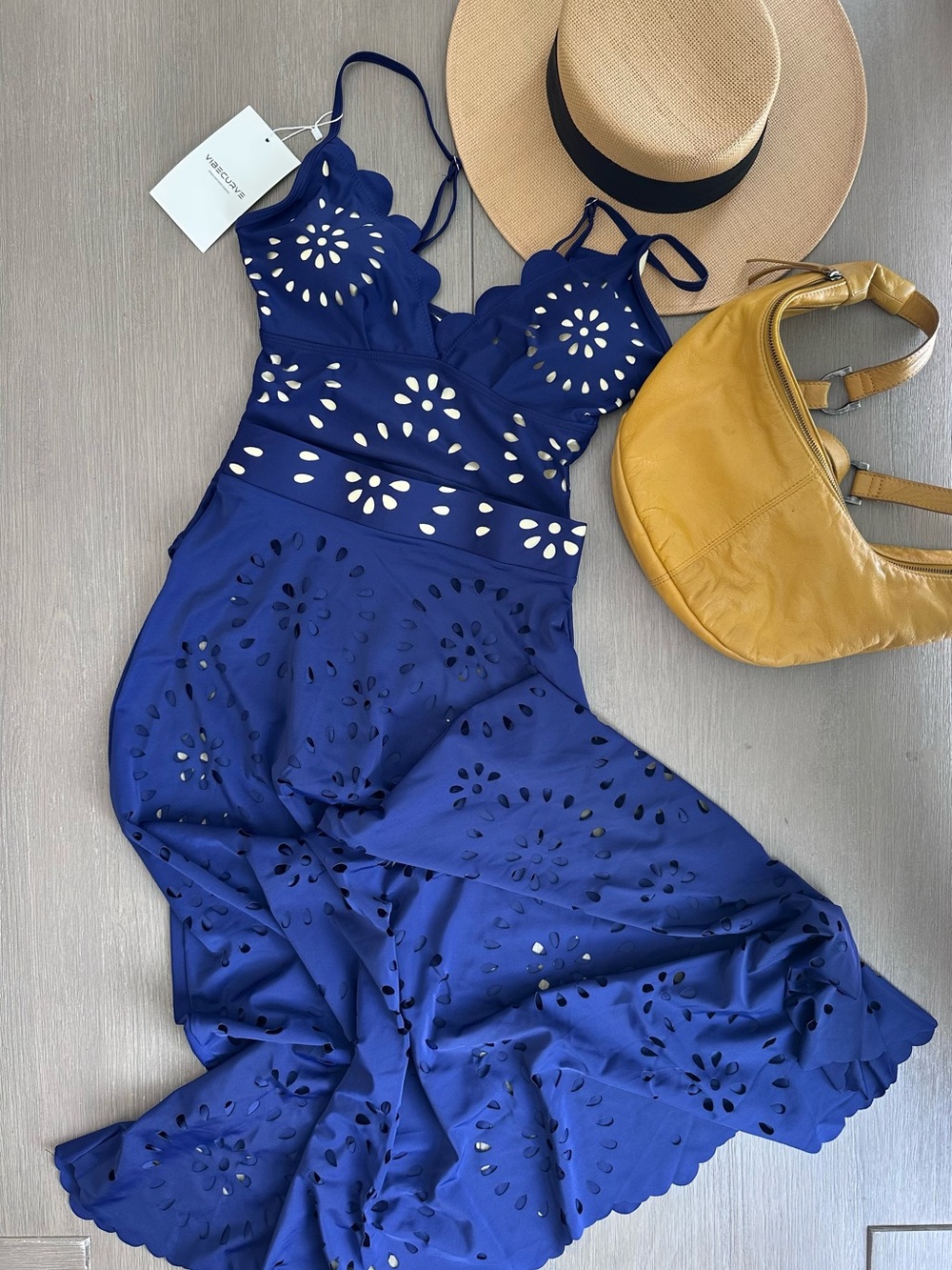 TWO FOR ONE! Women’s Royal Blue Eyelet Swimsuit with matching Skirt Cover Up - Picture 3 of 11